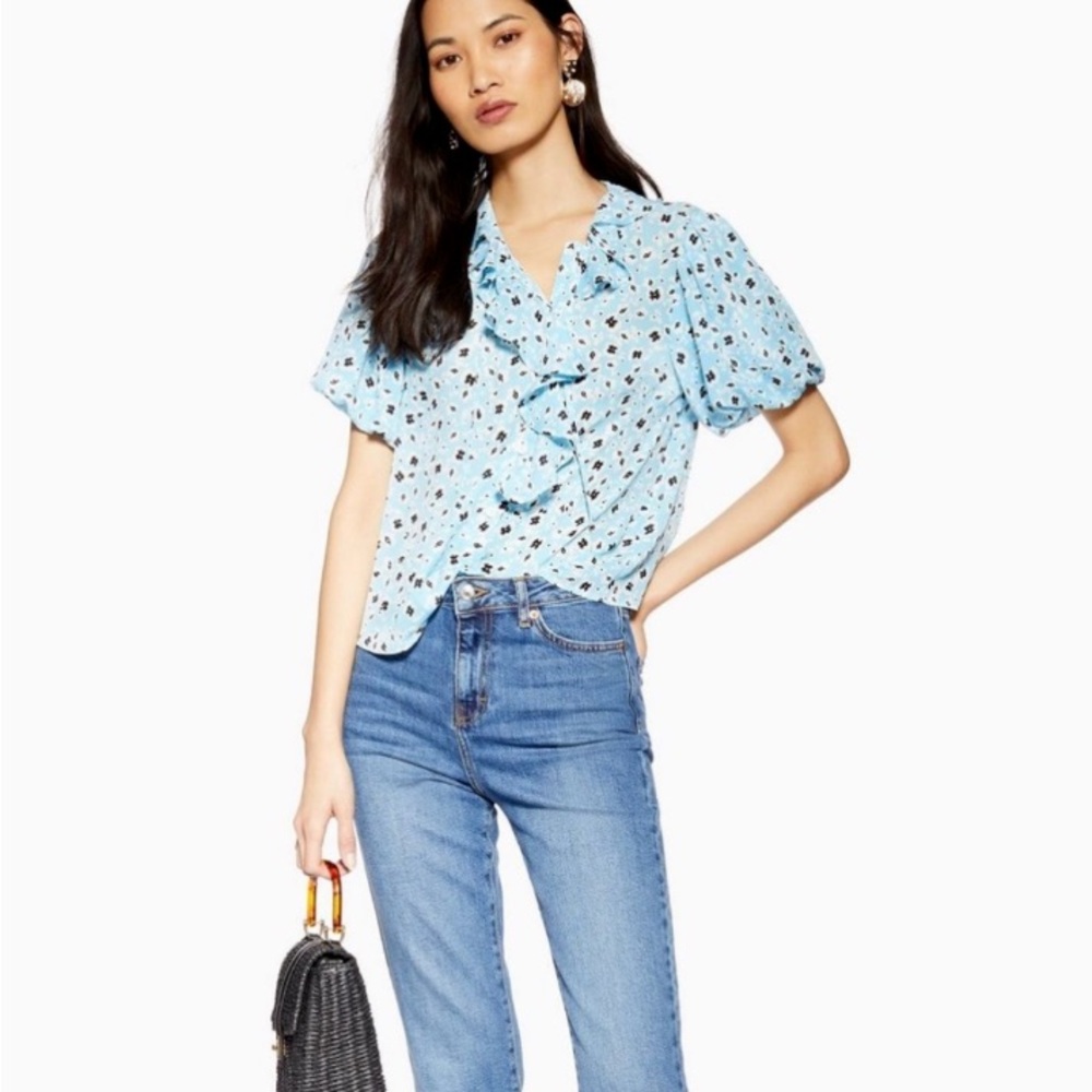 Zara Light Blue Floral Ruffle V-Neck Blouse